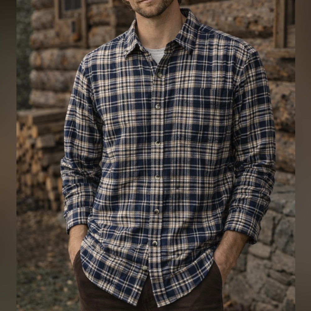 L.L. Bean Blue and Tan Glen Plaid Cotton Flannel Button Down Shirt Gorpcore